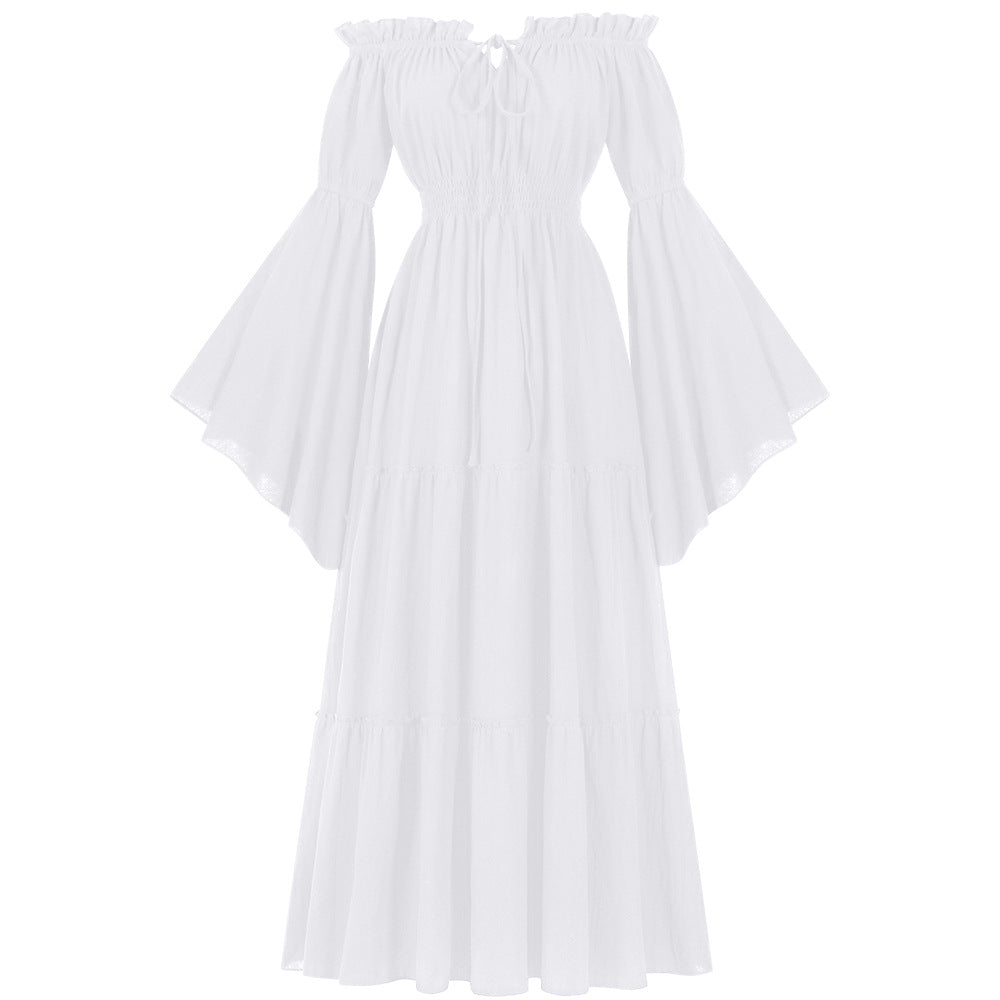 Women's ankle-length off-shoulder max dress with gathered waist, tiered skirt, and wide trumpet sleeves Mune Fashion