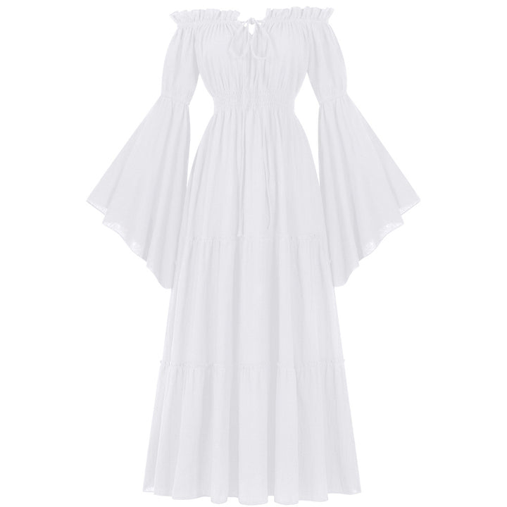 Women's ankle-length off-shoulder max dress with gathered waist, tiered skirt, and wide trumpet sleeves Mune Fashion