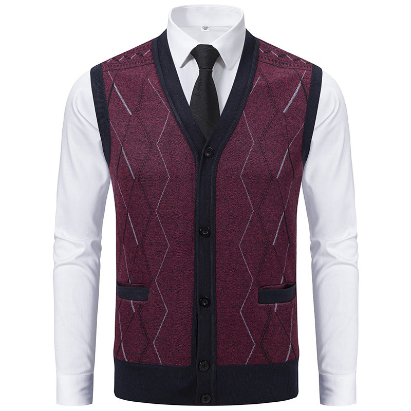 Men's Sleeveless Knit Vest with Diamond Pattern, V-Neck and Button Placket Mune Fashion