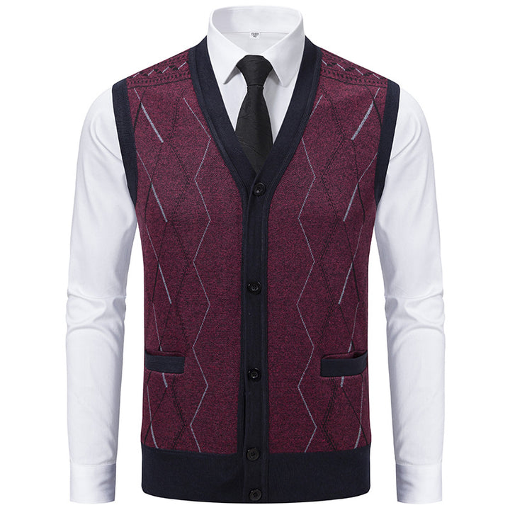 Men's Sleeveless Knit Vest with Diamond Pattern, V-Neck and Button Placket Mune Fashion