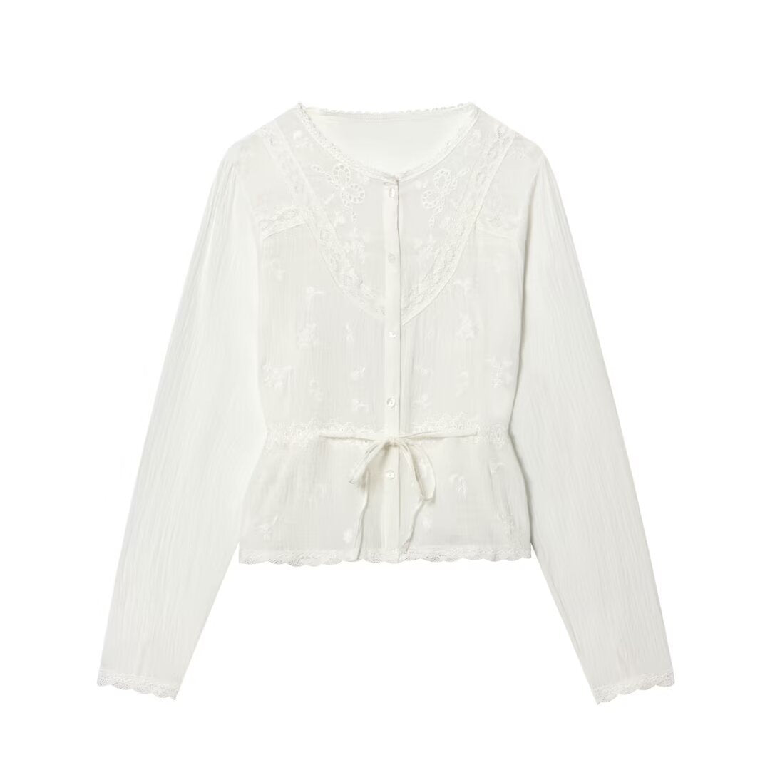 Women’s Light Embroidery Blouse with Lace Collar, Tie Waist and Button Placket Mune Fashion