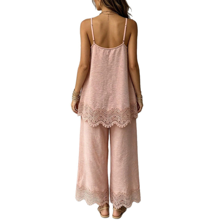 Ladies lightweight two-piece set with spaghetti strap top, intricate lace hem, and wide palazzo pants Mune Fashion