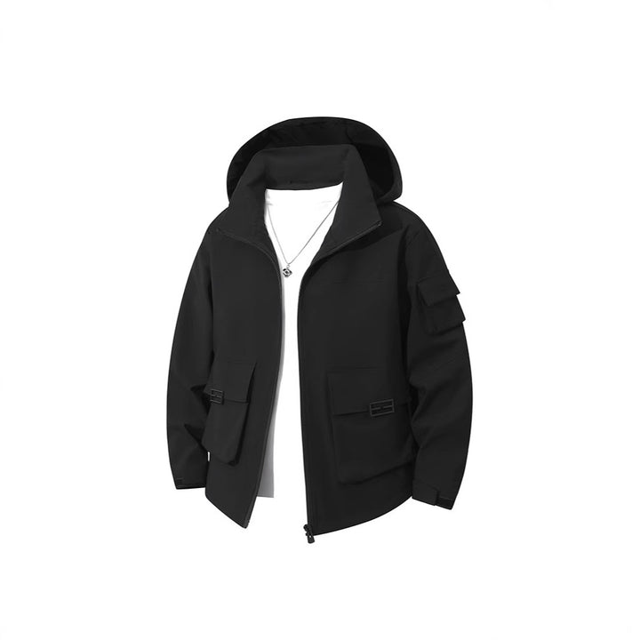 Men's Technical Utility Hooded Jacket with Multiple Flap Pockets and Wind-Resistant Softshell Mune Fashion