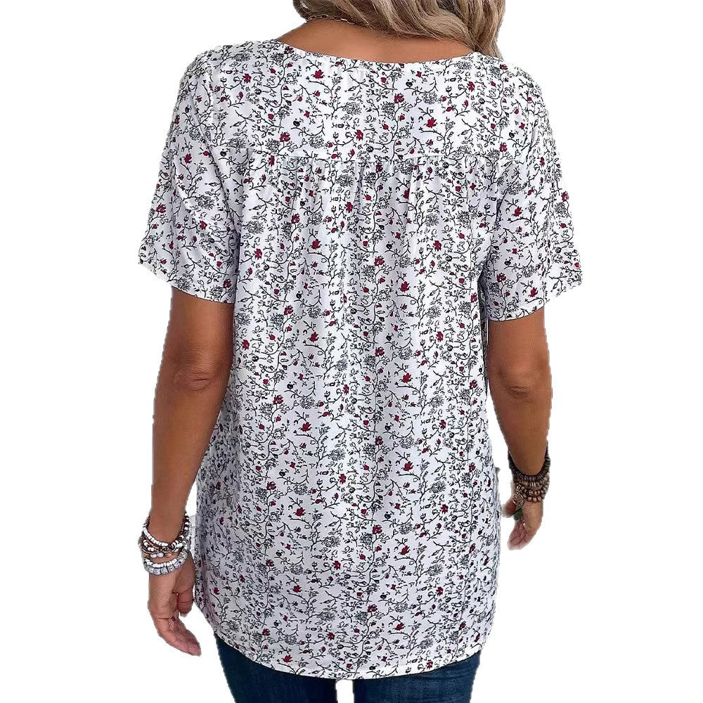 Ladies nan locker cut short sleeve blouse with V-neck, fine floral print and pleat Mune Fashion