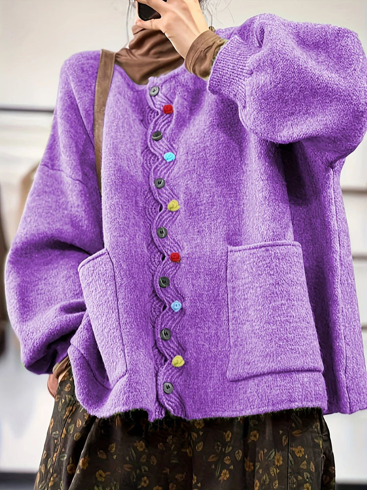 Women's Oversized Knit Cardigan with Decorative Button Placket and Patch Pockets Drune