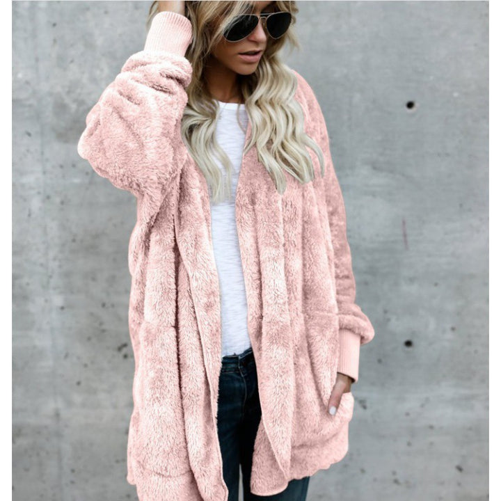 Women's Oversize Teddy Fleece Coat with Open Front, Side Pockets, and Ribbed Cuffs Mune Fashion