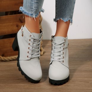 Women ankle-high lace-up ankle boots with side zipper, decorative belt loop, medium-high block heel, and strong-profiled outsole Mune Fashion