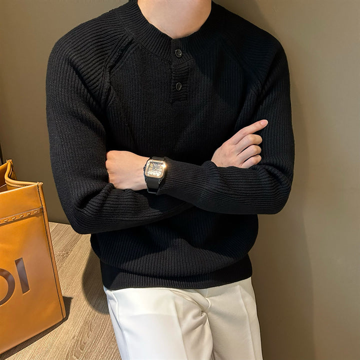 Men's fine knit Henley pullover with raglan sleeves and fine rib structure Mune Fashion