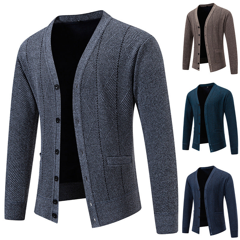 Men's Structured Fine Knit Cardigan with Chevron Pattern, V-Neck and Insert Pockets Mune Fashion