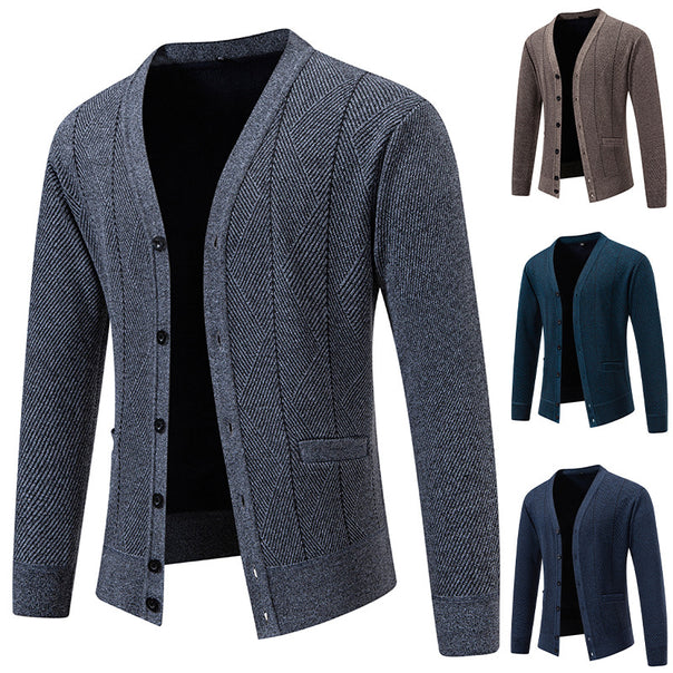 Men's Structured Fine Knit Cardigan with Chevron Pattern, V-Neck and Insert Pockets Mune Fashion