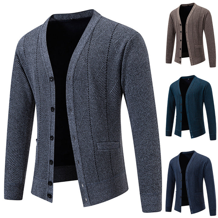 Men's Structured Fine Knit Cardigan with Chevron Pattern, V-Neck and Insert Pockets Mune Fashion
