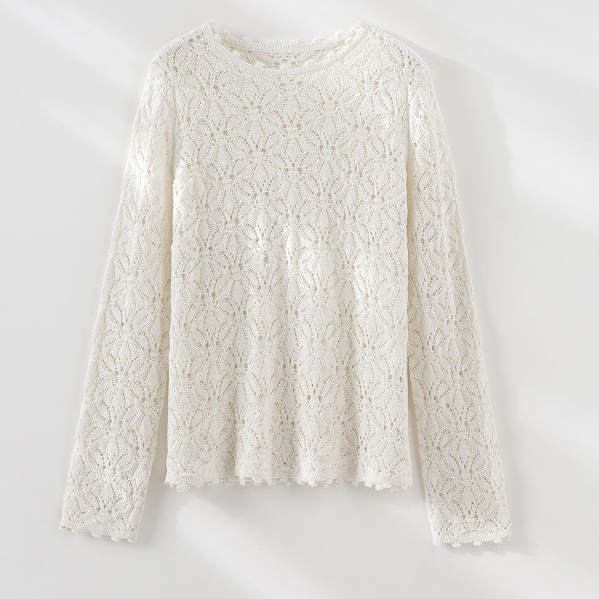 Ladies Fine Crochet Long Sleeve with Floral Openwork Structure and Casual Silhouette Mune Fashion