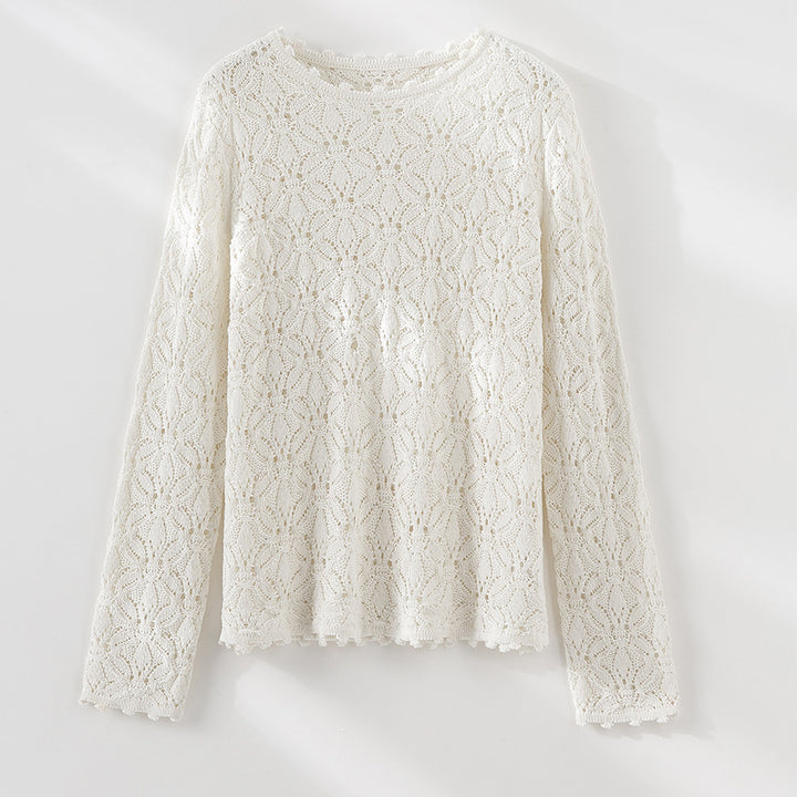 Ladies Fine Crochet Long Sleeve with Floral Openwork Structure and Casual Silhouette Mune Fashion