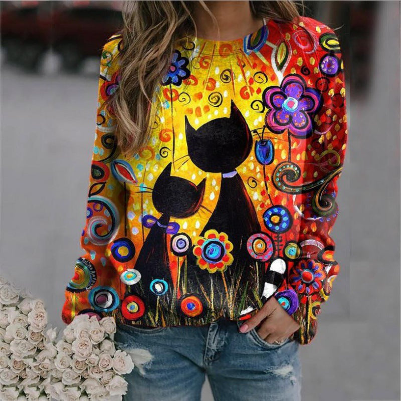 Women Oversized Sweatshirt with Artistic Cat Print and Floral Pattern Mune Fashion