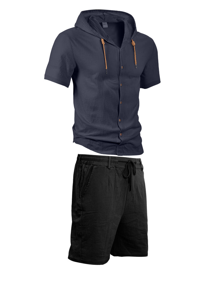 Men's lightweight summer hoodie in linen look with continuous button placket and drawstring Mune Fashion
