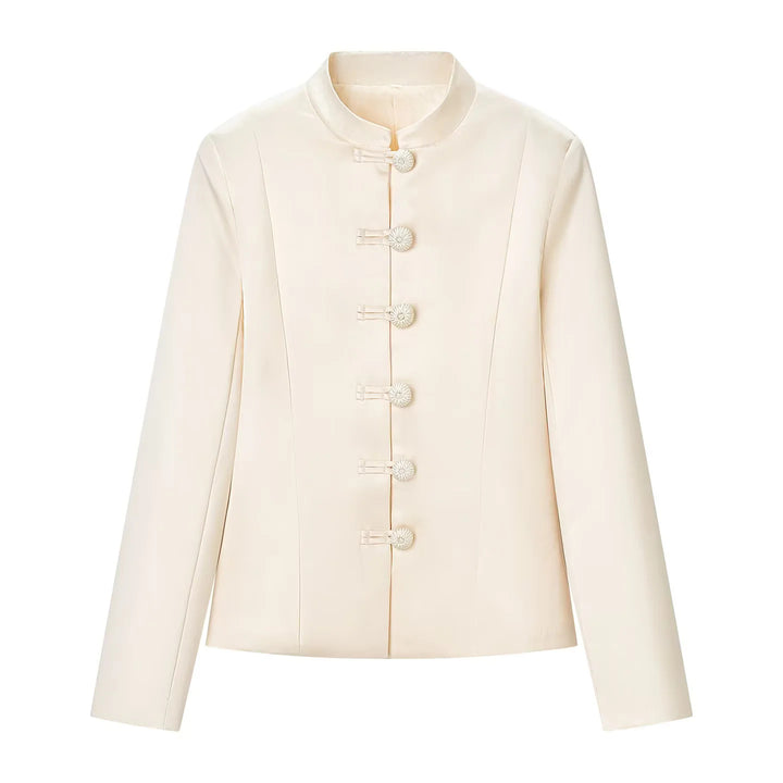 Ladies fitted stand collar jacket with decorative knot buttons Mune Fashion