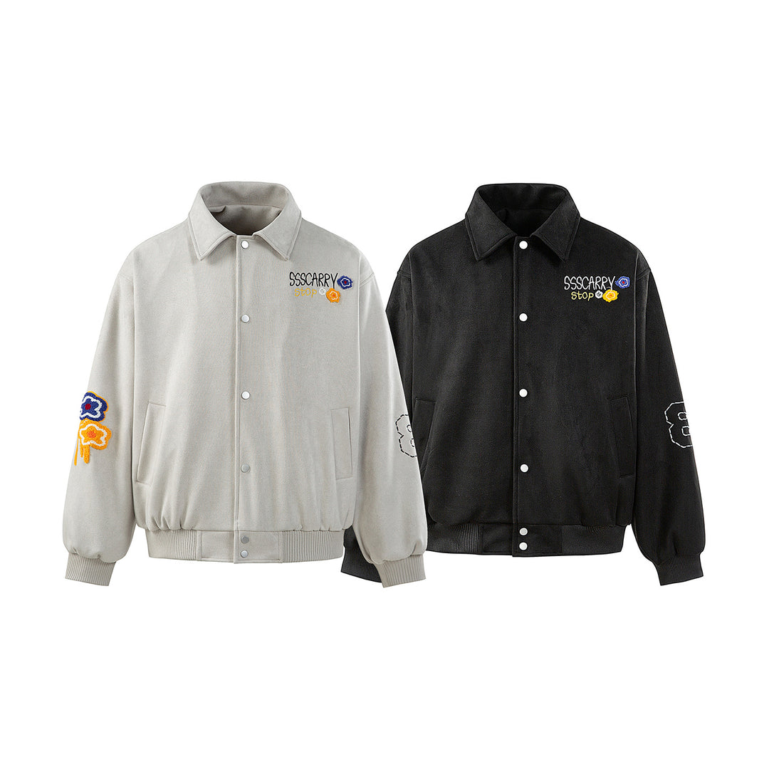Unisex Boxy Blouson Jacket with Embroidered Floral Patches and Elastic Hem Mune Fashion