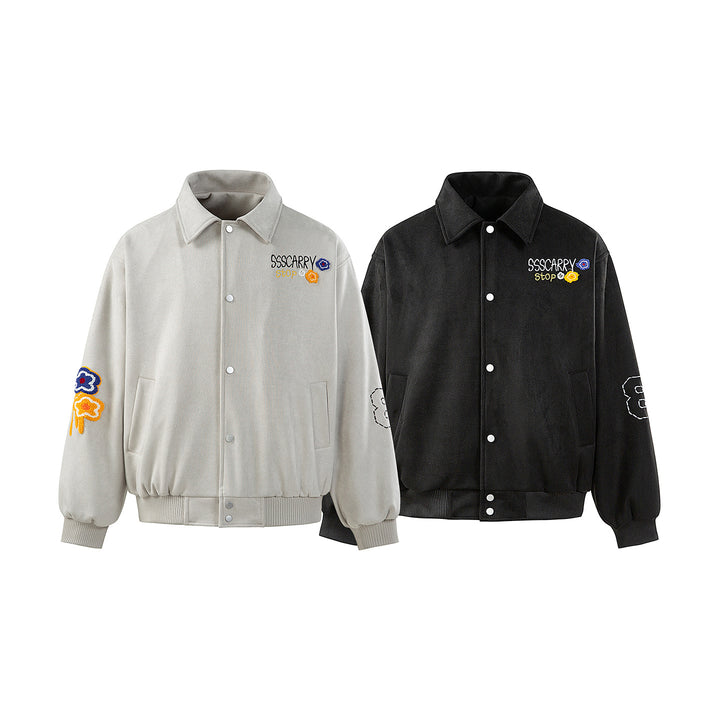 Unisex Boxy Blouson Jacket with Embroidered Floral Patches and Elastic Hem Mune Fashion