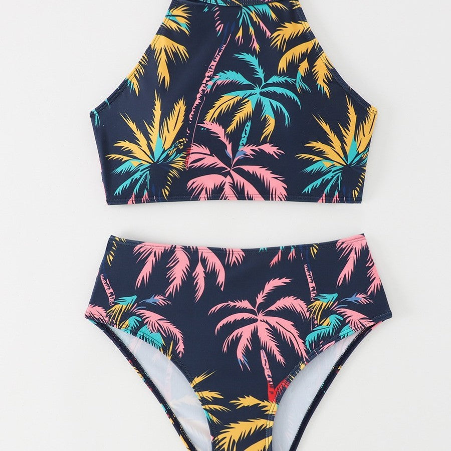 Ladies Sporty Bikini Set with High Collar and Tropical Design Mune Fashion