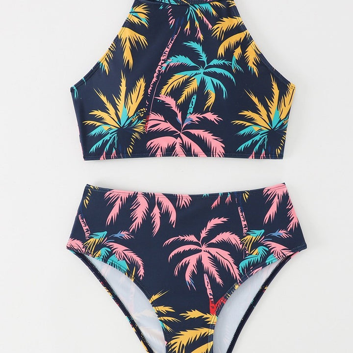 Ladies Sporty Bikini Set with High Collar and Tropical Design Mune Fashion