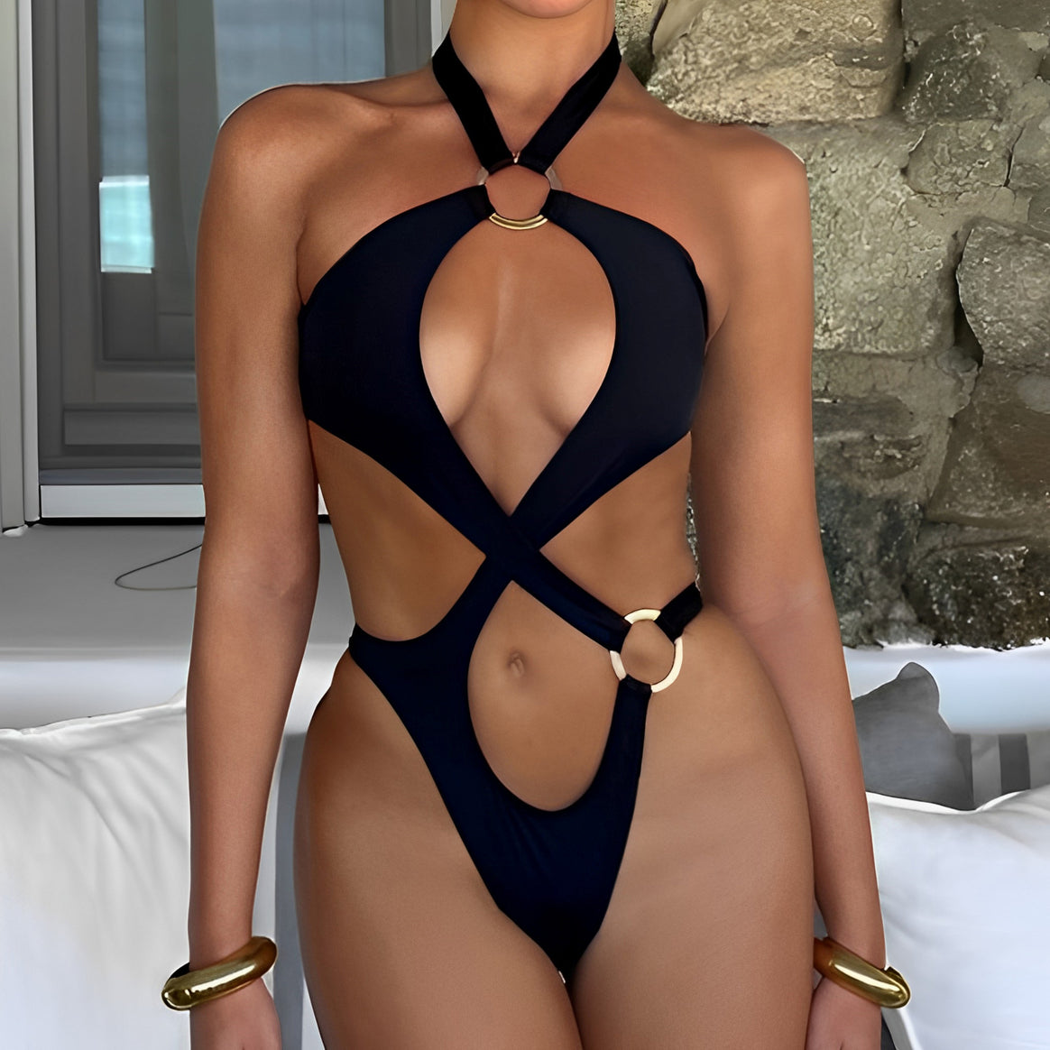 Women's One-Piece Swimsuit with Innovative Cut-Out and High Neck Mune Fashion