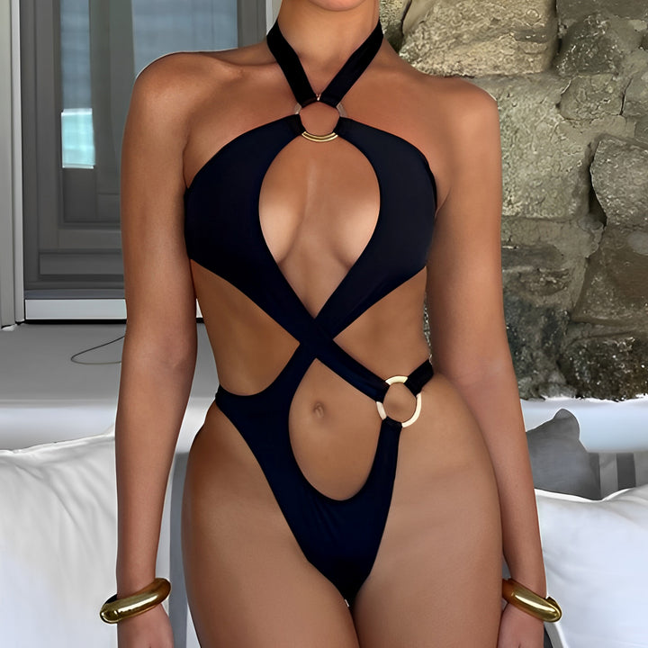Women's One-Piece Swimsuit with Innovative Cut-Out and High Neck Mune Fashion