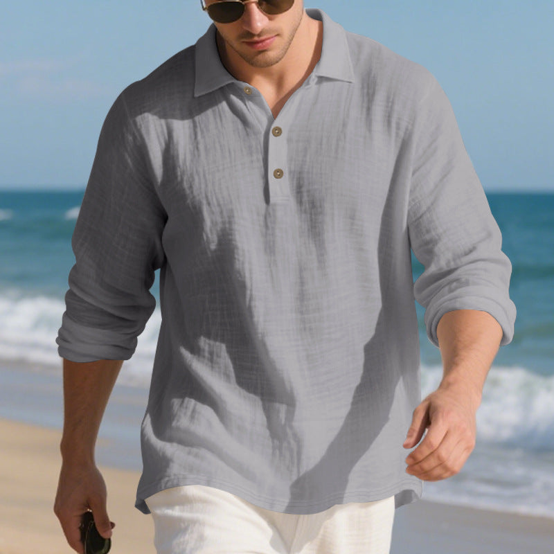 Men's casual linen henley shirt with polo collar and triple button placket Mune Fashion