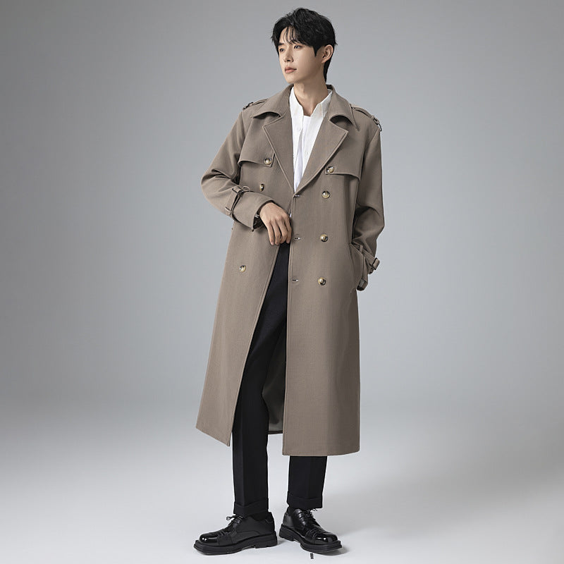 Men's Modern Maxi Long Double-Breasted Trench Coat with Classic Lapels and Adjustable Cuffs Mune Fashion