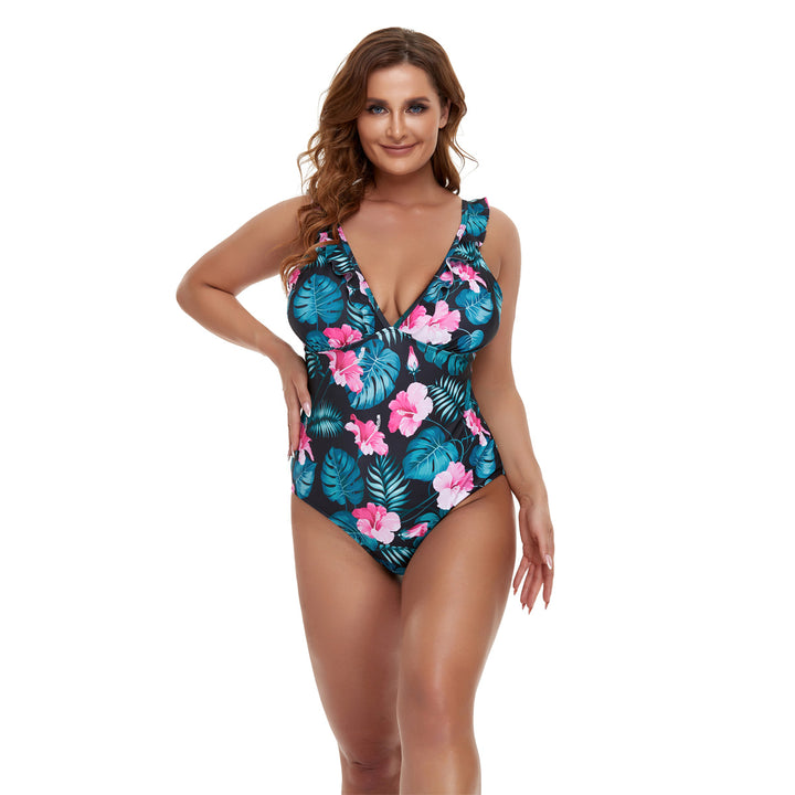 Women's one-piece swimsuit with floral design and deep V-neck Mune Fashion