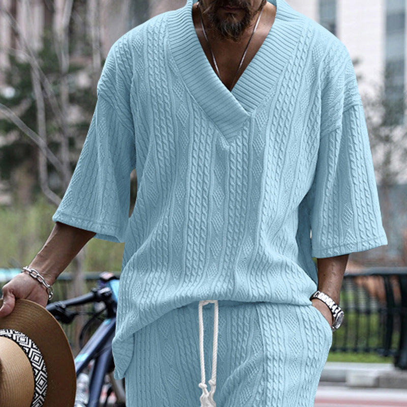 Women's Oversized Short Sleeve Knit Sweater with Deep V-Neck and Cable Knit Pattern Mune Fashion