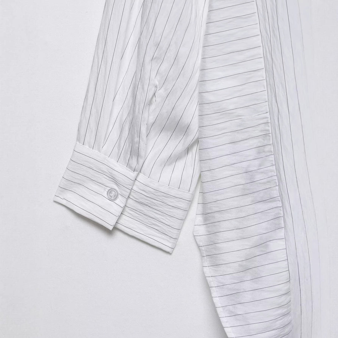Women's Oversize Shirt Blouse with Pinstripes and Extended Back Hem Mune Fashion