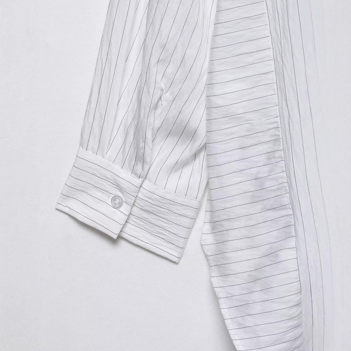 Women's Oversize Shirt Blouse with Pinstripes and Extended Back Hem Mune Fashion