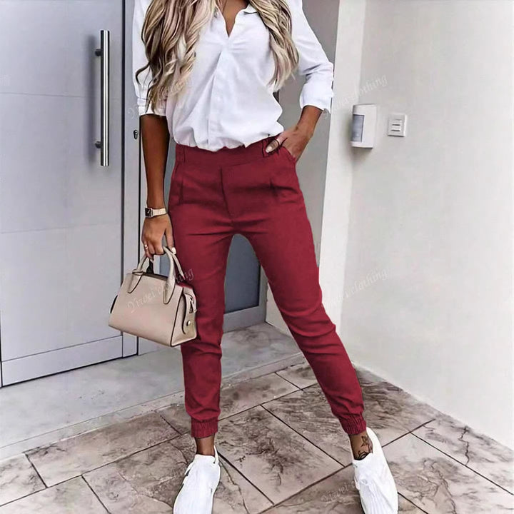 Women Slim-Fit Chino Joggers with High Waist and Elastic Cuffs