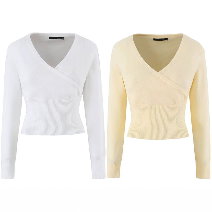 Women Fine Wrap Knitted Top with Fitted Ribbed Hem Mune Fashion