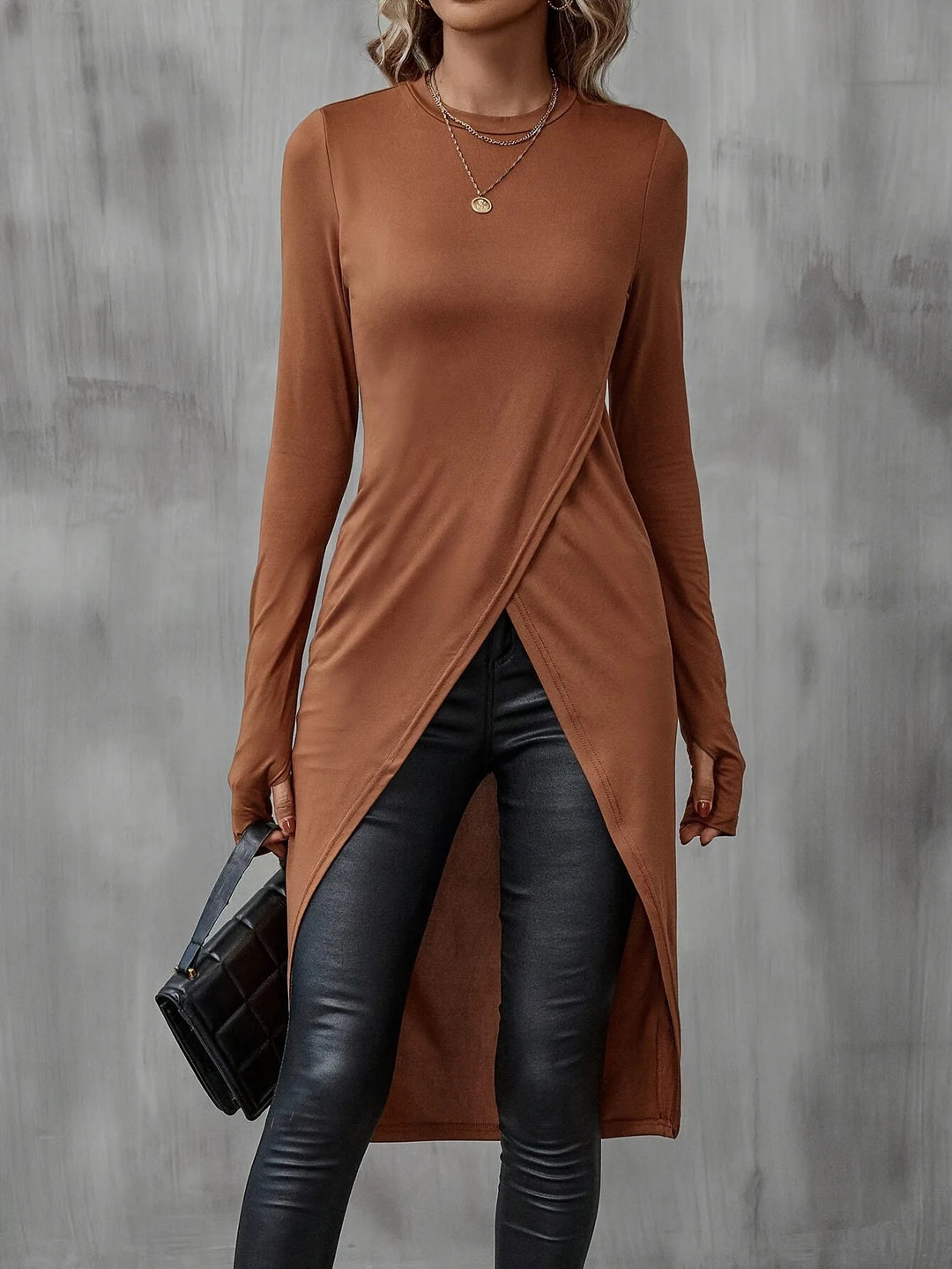 Women's Long Asymmetric Wrap Tunic Top with Front Slit Drune