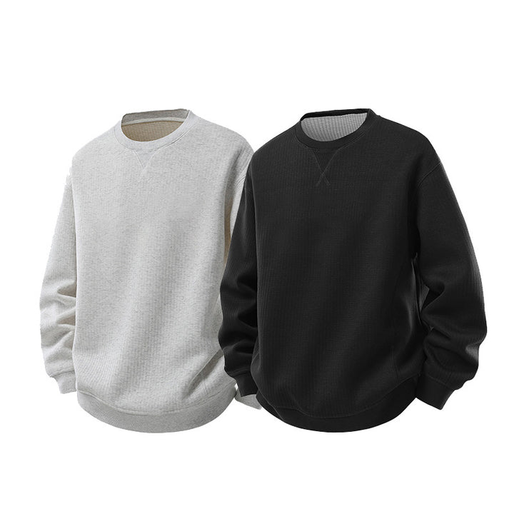 Men's Oversize Waffle Knit Sweatshirt with Round Neck, Extended Back Hem and Ribbed Cuffs Mune Fashion
