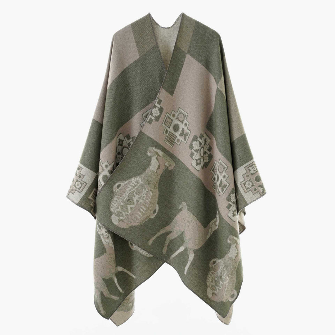 Women's jacquard knit poncho with ethnic animal motifs and open kimono cut Mune Fashion