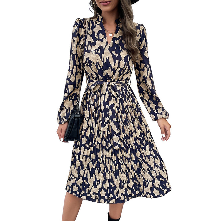 Women's Elegant Midi Dress with Pleated Skirt, V-Neck and Waist Belt Mune Fashion