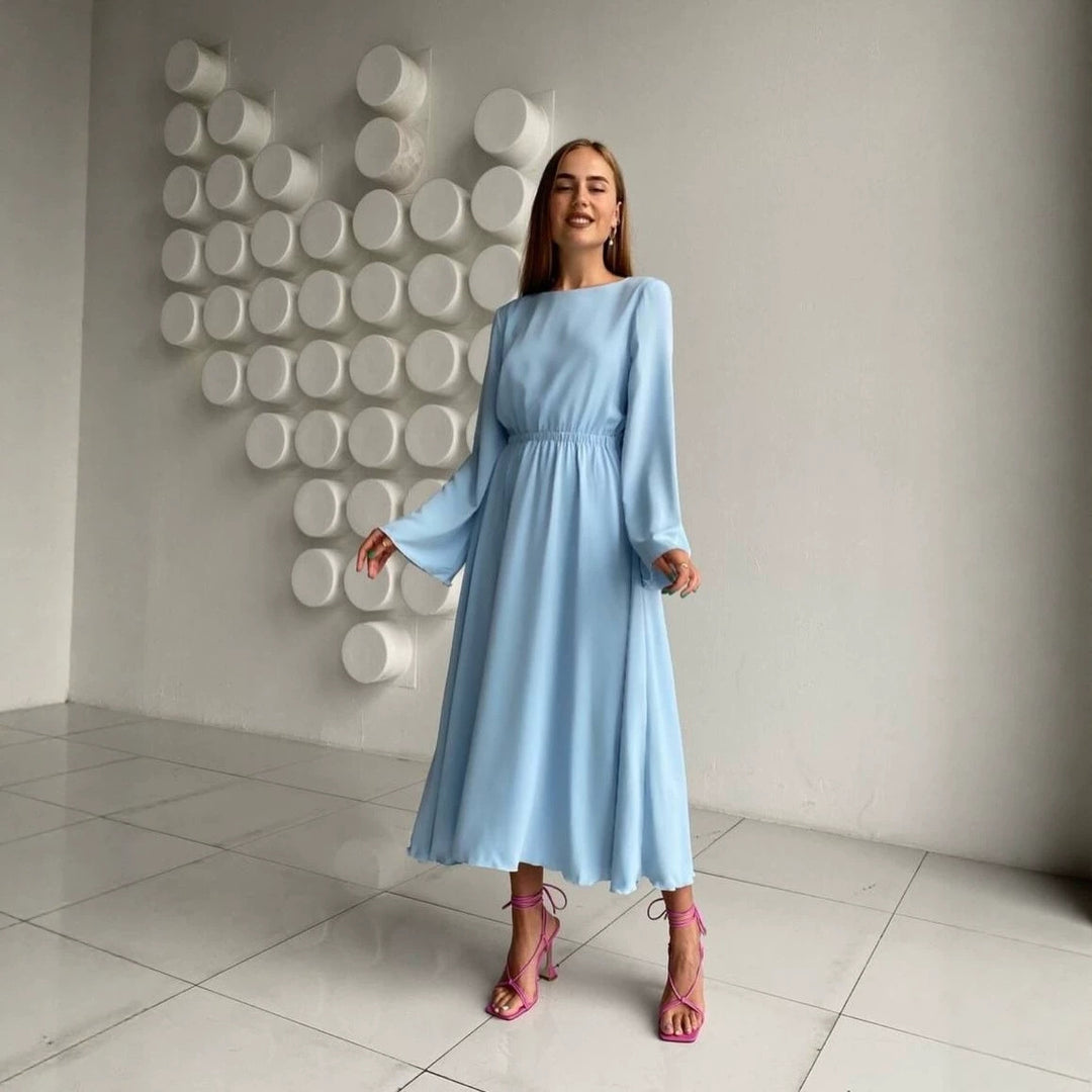 Women Flowing Midi Dress with Boat Neck Elastic Waist yoke and Flared Cuff Sleeves Mune Fashion