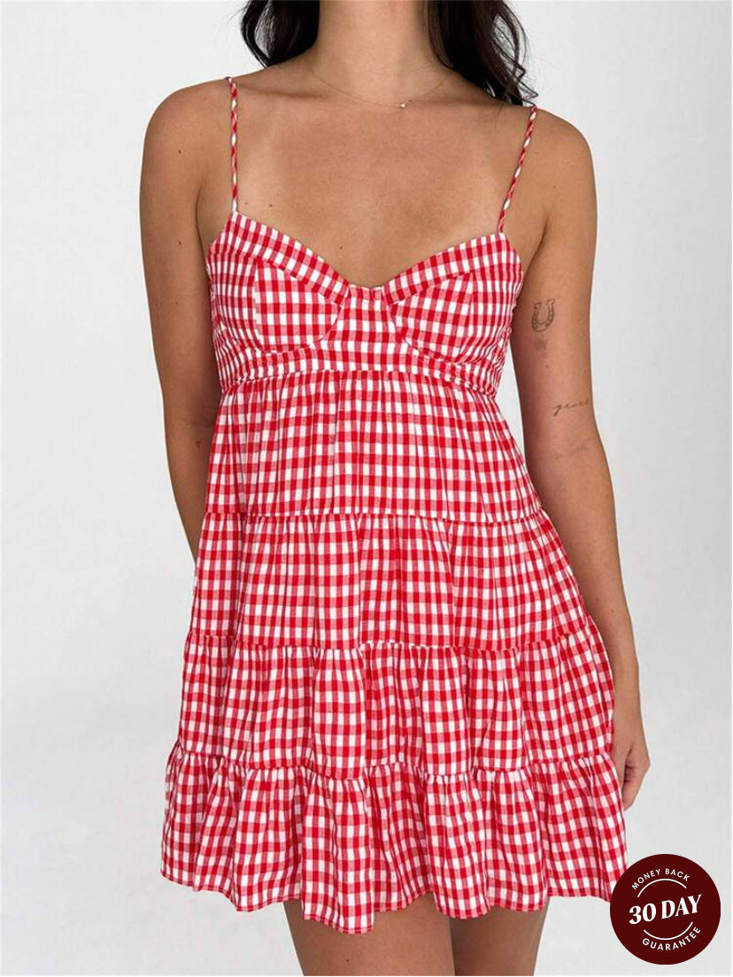Women's airy checkered strap dress with heart-shaped neckline and tiered ruffle skirt Mune Fashion
