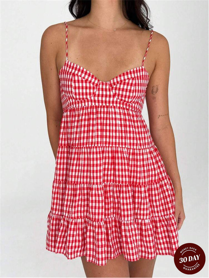 Women's airy checkered strap dress with heart-shaped neckline and tiered ruffle skirt Mune Fashion