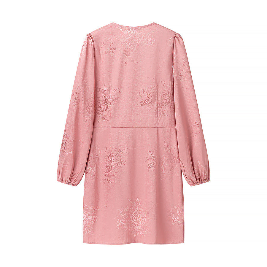 Women's jacquard mini dress with deep V-neckline, decorative button placket and voluminous balloon sleeves Mune Fashion