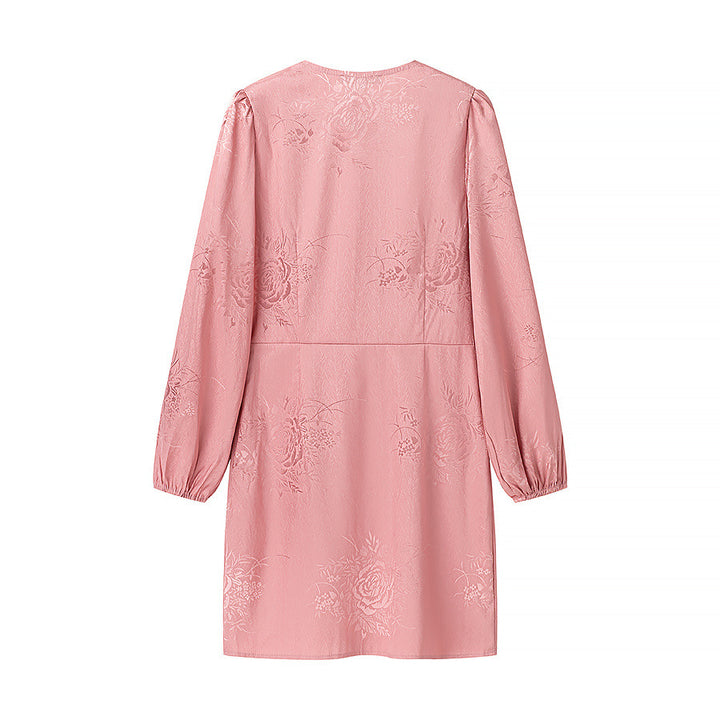 Women's jacquard mini dress with deep V-neckline, decorative button placket and voluminous balloon sleeves Mune Fashion