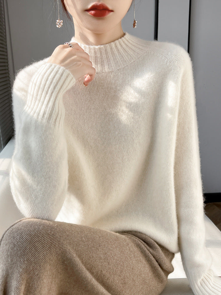 Women's Short Mock Neck Sweater made of fluffy Mohair Blend with boxy silhouette Mune Fashion