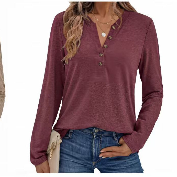 Women Lightweight Henley Long Sleeve with V-neck, Button Placket and Casual Fit Mune Fashion