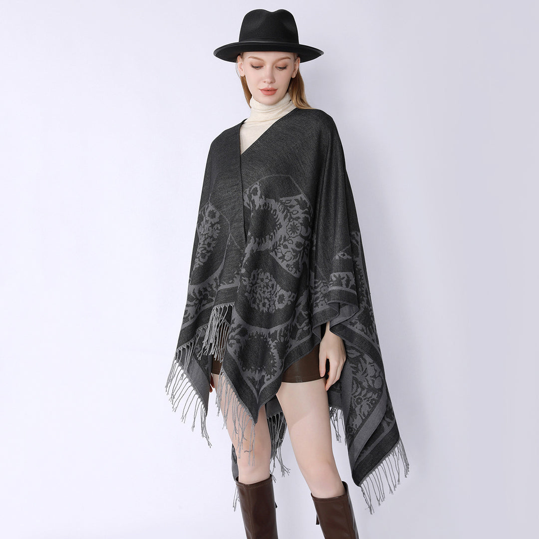 Women's Oversize Cloak Poncho with Floral Medallion Jacquard and Fringe Hem Mune Fashion