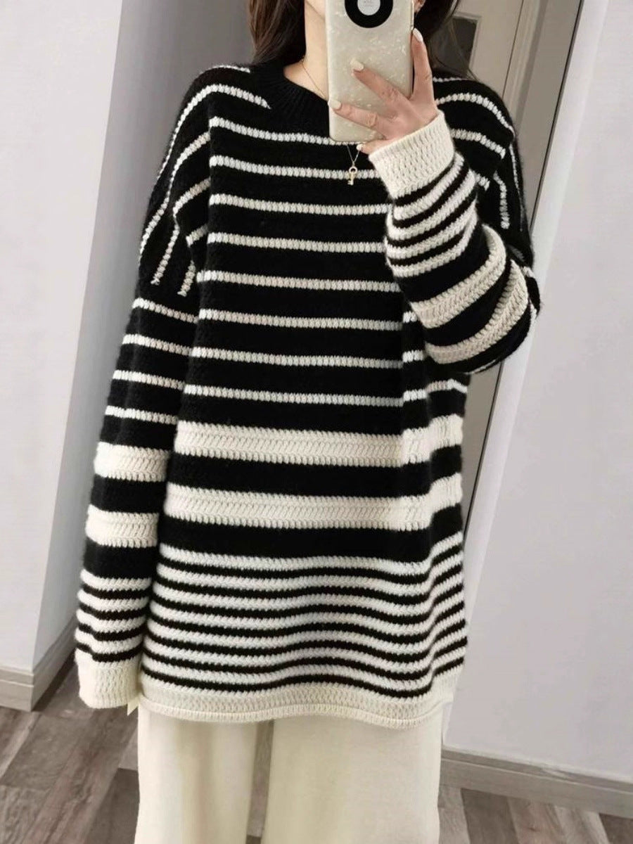 Women's oversized long pullover made of粗stripes knit with round neckline Mune Fashion
