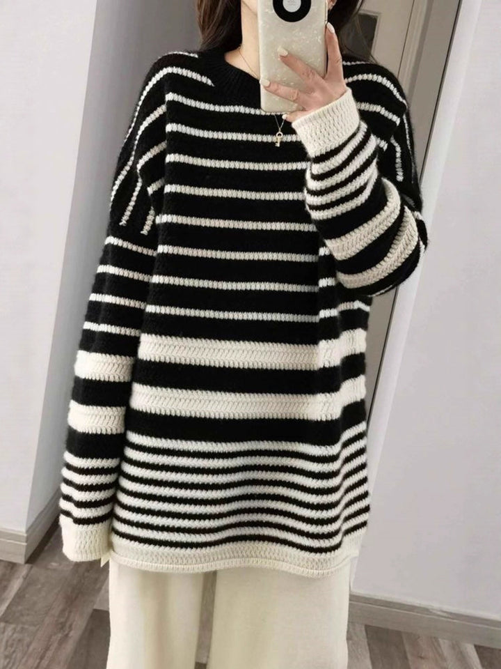 Women's oversized long pullover made of粗stripes knit with round neckline Mune Fashion