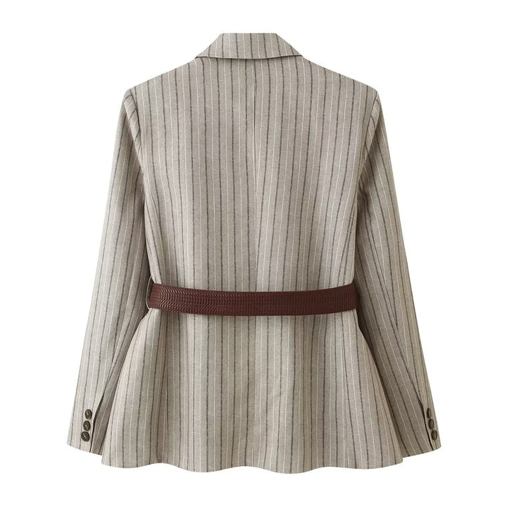 Women's Tailored Linen Blend Blazer with Pinstripes, Patch Pockets and Waist Belt Detail Mune Fashion