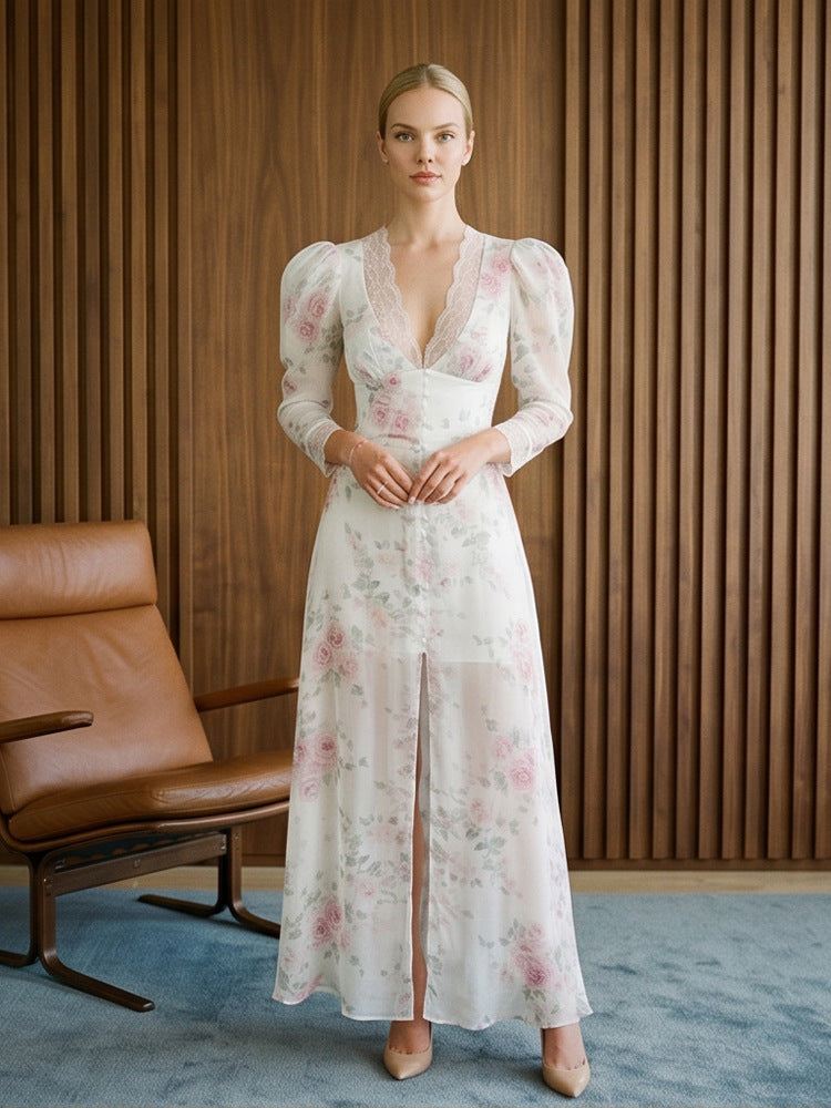 Women's Romantic Chiffon Maxi Dress with Lace V-Neck, Puff Sleeves and Front Slit Mune Fashion